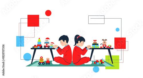 Children's Playtime: Boy and Girl Engaged in Creative Activities with Colorful Toys