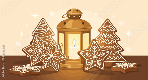 Christmas warmth with gingerbread cookies and glowing lantern a cozy holiday treat