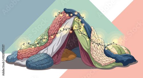 Cozy blanket fort adorned with string lights offering a whimsical retreat space