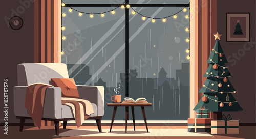 Cozy Christmas Eve indoor scene with cityscape view through window and raining outside