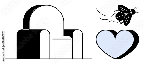 Minimalist armchair, a flying insect in motion, and a blue heart. Ideal for themes thumbs up comfort, interaction, disturbance, emotions, home mindfulness and balance. A simple flat metaphor