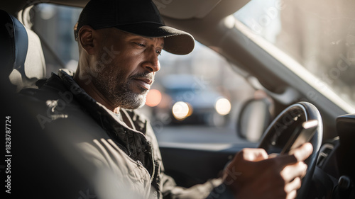 A man is holding his phone while driving, wearing black and a cap, sitting in the driver's seat of an suv. Ai generated