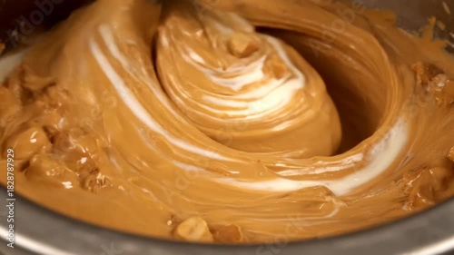 Creamy peanut butter being mixed in a large industrial container during a food production process