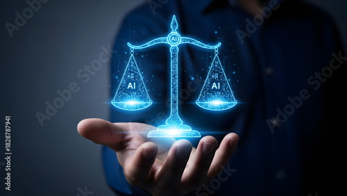 A person holding a glowing scale of justice, with AI symbols on each side