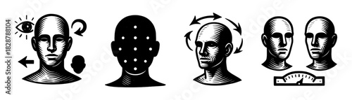 Face scanning process vintage engraving icons set, identity recognition workflow