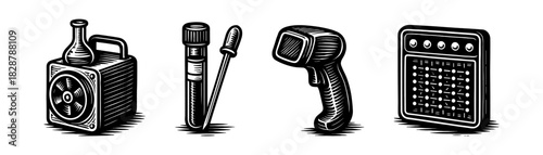 Security devices vintage engraving icons set, radio microphone scanner keypad