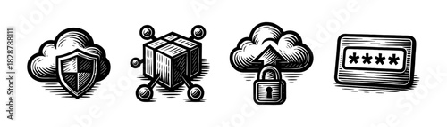 Network security vintage engraving icons set, cloud lock and password access