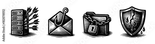 Cyber attack protection vintage engraving icons set, server breach email safe shield