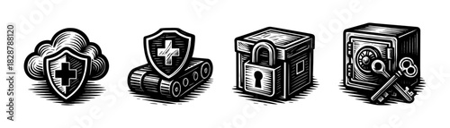 Cloud security vintage engraving icons set, protected storage and safe data