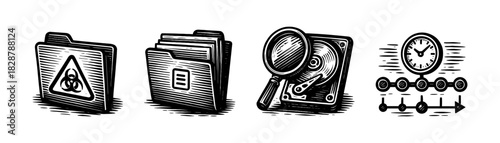 Data security and audit vintage engraving icons set, secure folders search network