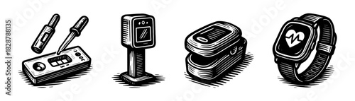 Smart devices vintage engraving icons set, scanner kiosk wearable watch controller