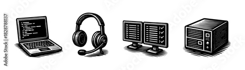 IT workstation vintage engraving icons set, laptop headset monitors server tower