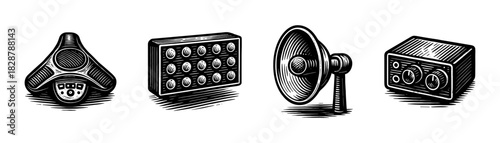 Surveillance and alert vintage engraving icons set, hacker hood control speaker