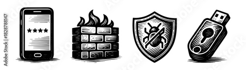 Data security vintage engraving icons set, password firewall shield USB drive