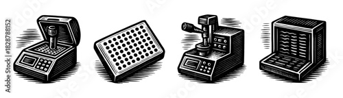 Data center equipment vintage engraving icons set, terminals panels and server rack