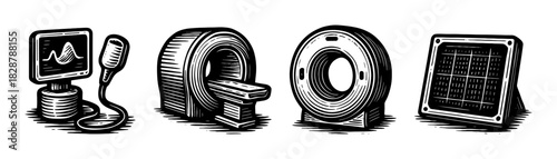 Tech and diagnostics vintage engraving icons set, computer scan lens solar panel