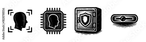 Identity security vintage engraving icons set, face scan chip shield blockchain