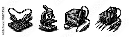 Electronics repair vintage engraving icons set, circuitry tools and solder station