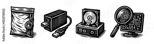 Digital forensics vintage engraving icons set, evidence bag storage case chip scan