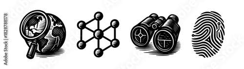 Cyber investigation vintage engraving icons set, digital forensics search identity