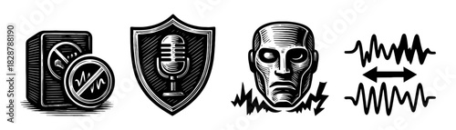 Cyber security and voice protection vintage engraving icons set, shield microphone mask