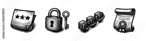 Password management vintage engraving icons set, encryption lock and digital certificate