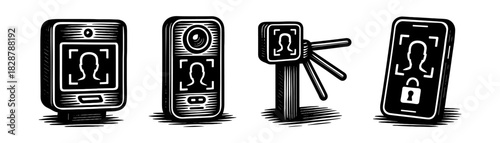 Face ID devices vintage engraving icons set, camera smartphone tripod security
