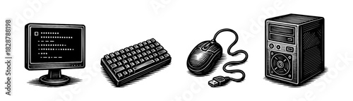 Desktop computer vintage engraving icons set, monitor keyboard mouse tower