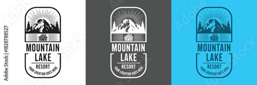 Vintage outdoor emblem showcasing a mountain, pine trees, and a cozy cabin with a sunrise. Ideal for resorts, lodges, travel, adventure, and nature-related branding.