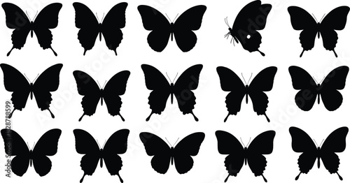 Black butterfly silhouettes, insect pattern grid, unique standout butterfly, visual puzzle, nature design, symmetrical wings, entomology art, minimal style