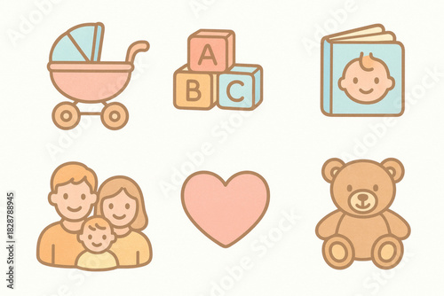 Ensemble d'icônes vectorielles illustrant l'univers du bébé et de la maternité, biberon, nounours, sucette, berceau et accessoires de puériculture