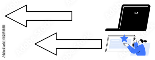 Two arrows linking a laptop and a user interacting with a tablet, emphasizing technology, communication, and data transfer. Ideal for teamwork, information flow, digital learning, connectivity