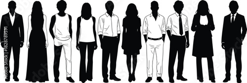 Black silhouettes of people, diverse clothing styles, fashion variety, casual and formal wear, minimal design, standing figures, style concept