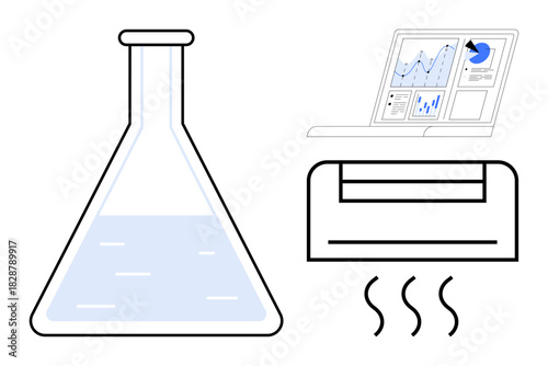 Laboratory flask with liquid, analytics on laptop, and heating element with steam lines. Ideal for research, data analysis, technology, innovation, science laboratory future concepts. Simple flat