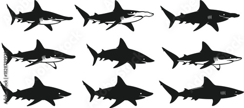 Black Shark Silhouettes Vector Collection Showing Various Dangerous Marine Predators Including Great White and Hammerhead for Ocean Life and Aquatic Danger Concepts.