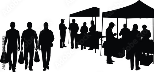WebBlack silhouette vector scene of shoppers walking and vendors selling goods under tents at an outdoor market, representing local commerce, retail activity, and community gathering in design.