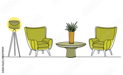Continuous line armchair, plant, floor lamp and table. Single line drawing of Living room with modern furniture vector illustration editable stroke