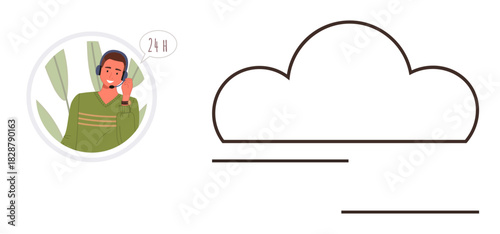 Smiling customer service agent wearing a headset, speech bubble 24h beside. Cloud icon symbolizes connectivity, communication, data storage. Ideal for support, tech, service, contact availability