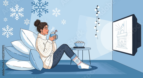 Cozy winter evening indoors with cocoa, television and snowflakes creating a relaxed atmosphere