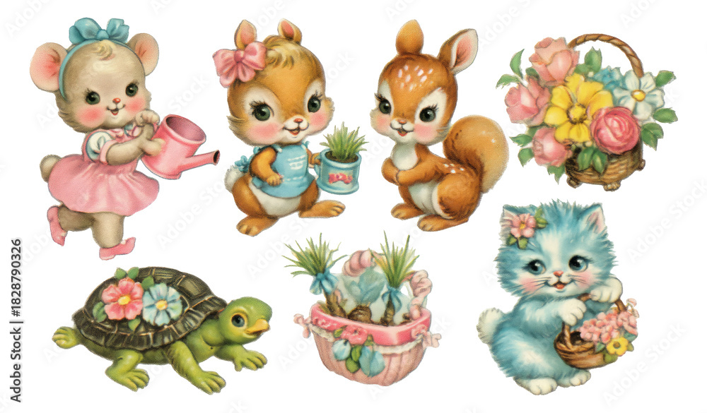 Obraz premium Vintage Pastel Illustration of Cute Animals and Baby Garden Helpers in the 50s