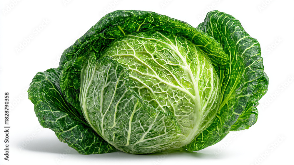 Fototapeta premium Close up shot of a fresh green cabbage on a white background surface