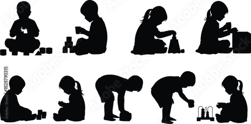 Children playing silhouette set, toddler building blocks, little boy and girl sitting with toys, kindergarten vector collection isolated on white. (20 words)