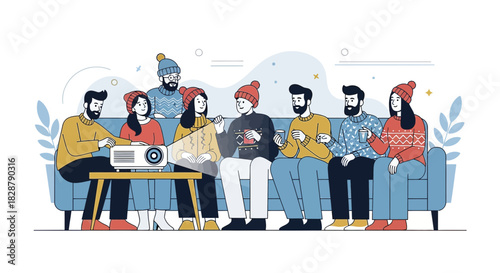 Cozy winter movie night with friends, enjoying a film projection in warm attire