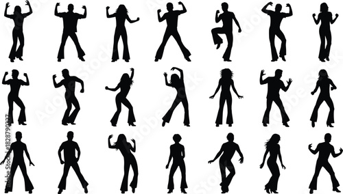 Retro disco dancers silhouettes set, vector illustration of men and women dancing in seventies style party pose, black isolated collection.