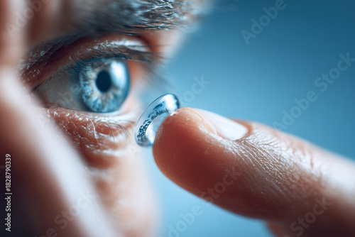 Close-up of a hand holding a contact lens on a finger, against a blue background. a man removing an eye. Ai generated