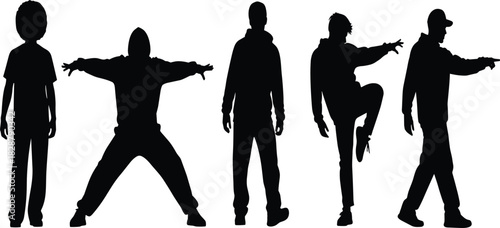 Young man silhouette set wearing hoodie, urban street style poses, standing jumping pointing, black vector illustration collection isolated on white.