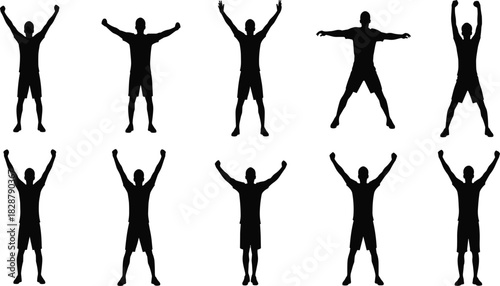 Winner man silhouette set standing with raised arms, champion celebrating success, happy freedom vector illustration collection isolated on white background.