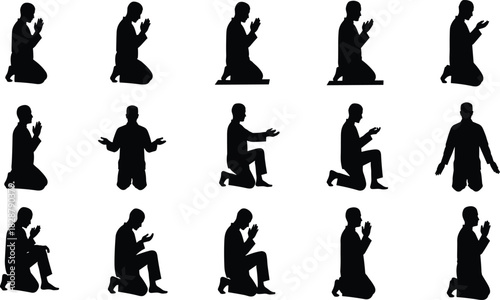 Muslim man praying silhouette set, Islamic religion vector, kneeling person worship, spiritual namaz dua illustration, isolated black collection on white.