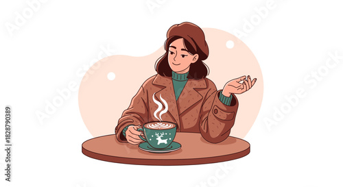 Cozy winter scene of a woman enjoying a warm beverage in a fashionable coat and beret