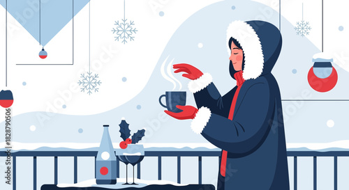Cozy winter scene: woman enjoying a warm drink outdoors in a snowy decorated environment